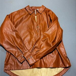 Anthropologie Tan Leather Shirt with Red Trim